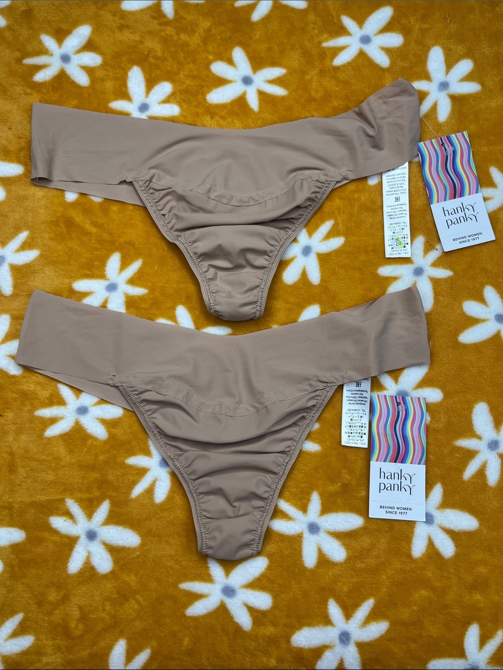 2 pair NWT Hanky Panky Women's Nude/Tan BreatheSoft Natural Rise Thongs Large